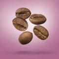 Many roasted coffee beans falling on pink background Royalty Free Stock Photo