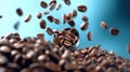 Many roasted coffee beans flying in the air Ai generated image