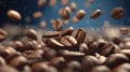 Many roasted coffee beans flying in the air Ai generated image