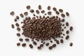 Many roasted coffee beans lie