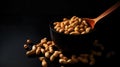 Many roasted peanuts in bowl on background. Food Backdrop. Generative AI