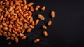 Many roasted peanuts on dark background. Food Backdrop. Generative AI