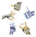 Many robot hand gestures. Robotic hands. Mechanical technology machine engineering symbol. Hand gestures set.