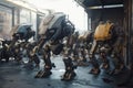 Many robots are walking down the street. AI generative