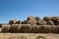 Many rolls of straw lie nearby on a wide field. The blue sky in the background Royalty Free Stock Photo