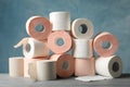 Many rolls of toilet paper against background