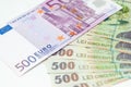 Many romanian leu high banknotes and 500 euro bill