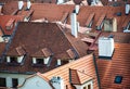 Many roofs made of clay bricks fotographed from above in Prague