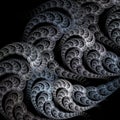 Many ropes are twisted in a spiral and form a uniform pattern on a black background. Abstract monochrome fractal background.