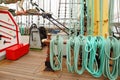 Many ropes, windlass and rigging on an ship