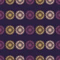 Many Rows Of Colorful Large Flower Heads, Seamless Pattern Colored In Purple, Brown And Light Brown - Retro Style Texture
