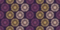 Many Rows of Colorful Large Flower Heads, Seamless Pattern Colored in Purple, Brown and Light Brown - Retro Style Texture
