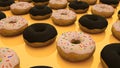 Many rows of glazed sweet donuts are of surface, modern sweet background, 3d render, computer generated