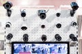 Many rows of white an black professional surveillance camera. Wall mounted CCTV. Security system concept. Security exhibition