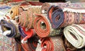 many rugs and carpets at stand Royalty Free Stock Photo