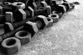 Many rust steel on cement ground in black and white photography Royalty Free Stock Photo