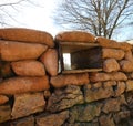 many Sandbags of a trench dug in the ground to defend army soldiers from enemy raids