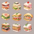 many sandwich cute clipart on gray background