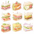 many sandwich cute clipart on white background