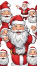 Many Santa Clauses are smiling on a white background