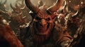 Many scary horned demons meet sinners in hell. Portrait of devils in close-up. Servants of the Devil