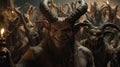 Many scary horned demons meet sinners in hell. Portrait of devils in close-up. Servants of the Devil Royalty Free Stock Photo