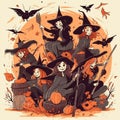 many scary witches in black clothes and hats are sitting in one nest, bats are flying around, horror, nightmare, Halloween