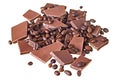 Many scattered parts of broken bar dark bitter or milky chocolate and fried coffee beans isolated on white