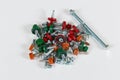 Lots of colored head screws in the pile and a screw with a nut Royalty Free Stock Photo