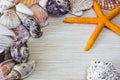 Many seashells and starfish on a wooden table you can use as the background