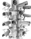 Many security cameras on the city pillar, big brother watching you. Surveillance CCTV camera. 3D rendering Royalty Free Stock Photo