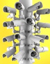 Many security cameras on the city pillar, big brother watching you. Surveillance CCTV camera. 3D rendering Royalty Free Stock Photo