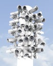 Many security cameras on the city pillar, big brother watching you. Surveillance CCTV camera. 3D rendering Royalty Free Stock Photo