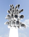 Many security cameras on the city pillar, big brother watching you. Surveillance CCTV camera. 3D rendering Royalty Free Stock Photo