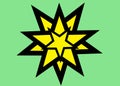 Many several multiple yellow stars of different sizes with black bold outlines against a light bright green backdrop