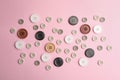 Many sewing buttons on background, flat lay