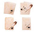 Many sheets of parchment, inkwell and different pens on white background, top view. Collage design Royalty Free Stock Photo