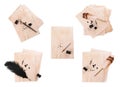 Many sheets of parchment with stains of ink, inkwell and different pens on white background, top view. Collage design Royalty Free Stock Photo