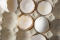 many shell egg scattered in a cardboard package made of recycled waste paper
