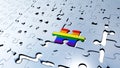 Many silver puzzle pieces almost in place with one large Rainbow piece between them