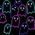 Many simple cute cartoon ghosts in pink and blue glowing neon colors