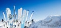 Many ski and snowboard equipment over mountain Royalty Free Stock Photo
