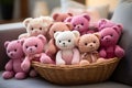 Many small pink crocheted toy bears in the basket. Kids and eco friendly sustainable toys, Joyful little treasures. a