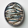 Many small fish lie closely next to each other in a tin can, crowding, identity, monotony Royalty Free Stock Photo