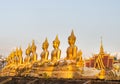 Many small,golden Buddha statues at Wat Phousalao,hilltop temple,reflecting sunset light,overlooking Mekong River,Pakse,southern Royalty Free Stock Photo