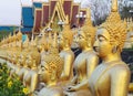 Many small,golden Buddha statues at Wat Phousalao,hilltop temple,reflecting sunset light,overlooking Mekong River,Pakse,southern Royalty Free Stock Photo