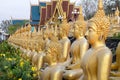 Many small,golden Buddha statues at Wat Phousalao,hilltop temple,reflecting sunset light,overlooking Mekong River,Pakse,southern Royalty Free Stock Photo