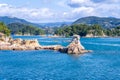 Many small islands over the blue ocean in sunny day, famous Kujukushima99 islands pearl sea resort islet in Sasebo Saikai