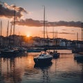 many small sailboats are docked on a large body of water Royalty Free Stock Photo