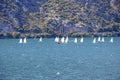 Many small sailboats sail on Lake Lago di Garda